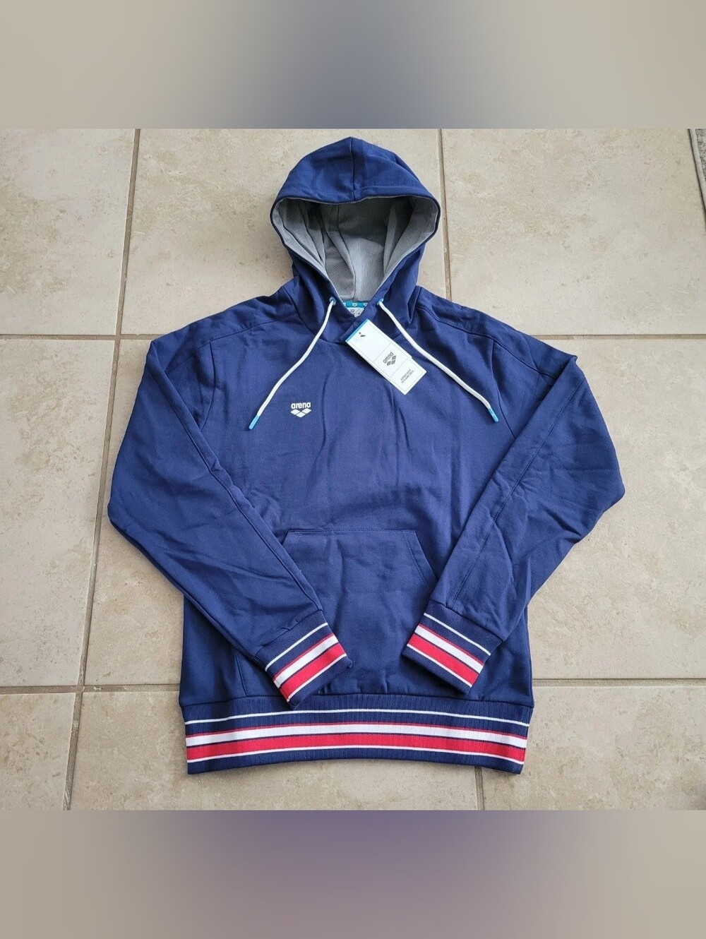 Arena Men's Size Small S Navy USA Flag Graphic Pullover Hoodie Striped Cuffs